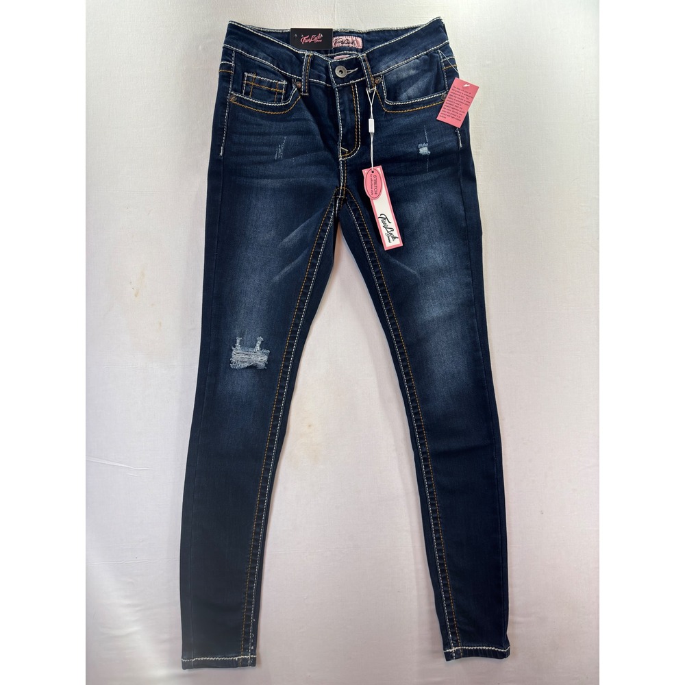 True Luck Womens Skinny Mid Rise Jeans Dark Wash Distressed Stretch Size 3/4